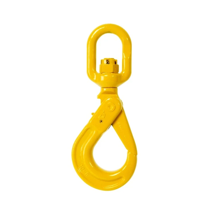 Yellow swivel self-locking lifting hook with eyelet, isolated on a white background