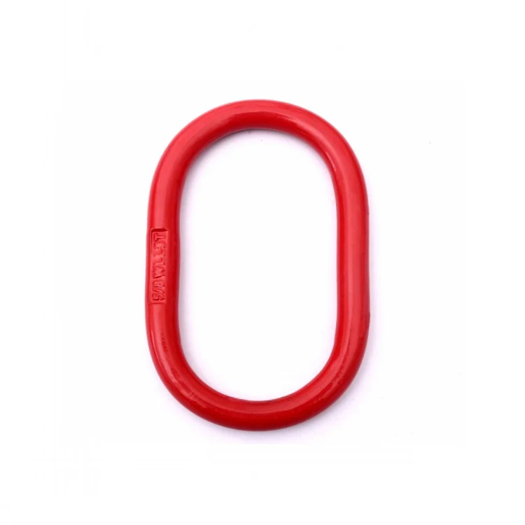 Red oval steel lifting ring with embossed markings on a white background