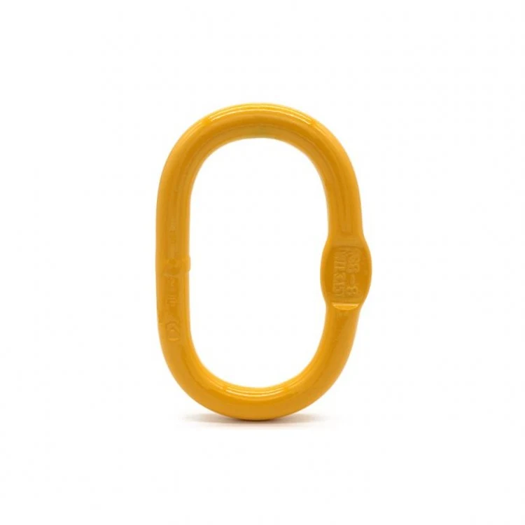 Yellow painted steel oblong master lifting link with embossed weld stamp, isolated on a white background