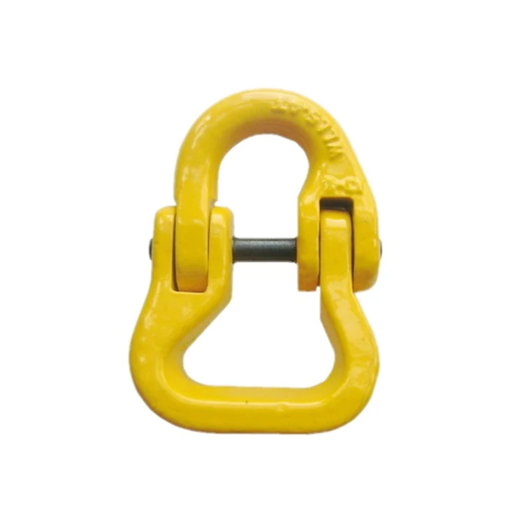 Yellow alloy steel chain connecting link with black cross pin, shown on a