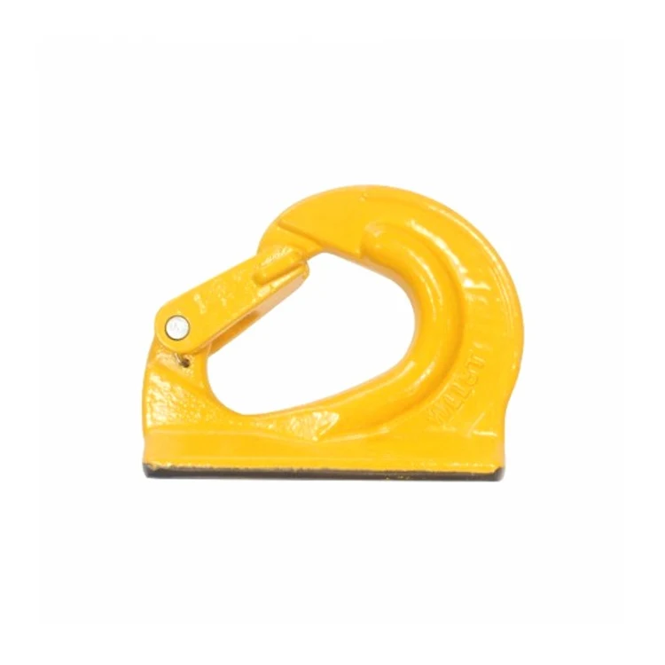 Yellow G80 Weld On Lifting Hook with a swivel eye and a flat welding base on a white background