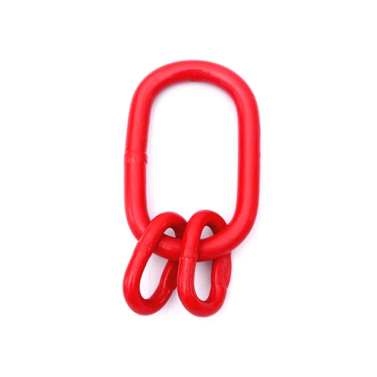 Red painted G80 Welded Master Link Assembly A347 with two attached sub-links on white background