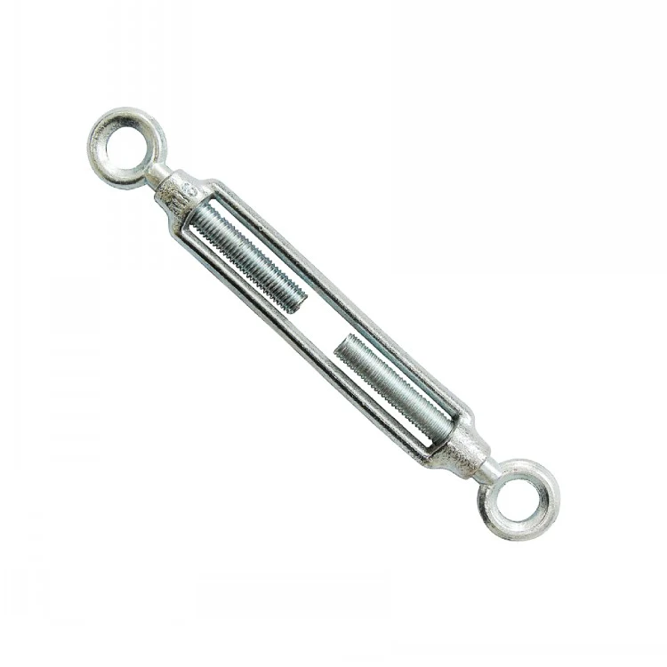 Galvanized steel eye-and-eye turnbuckle with open body and threaded ends on a white background