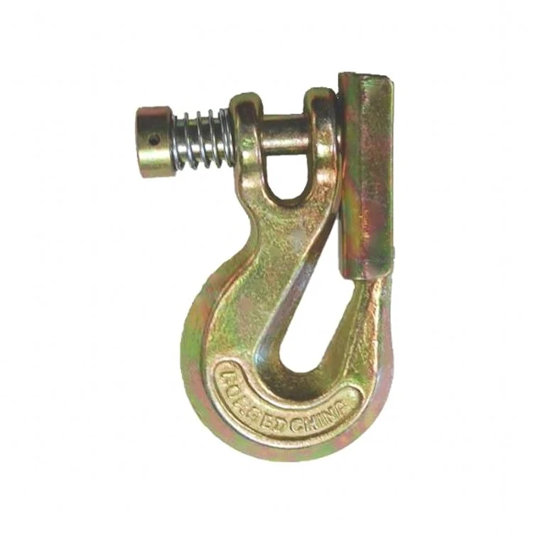 Gold-toned clevis grab hook with spring-loaded safety latch on white background