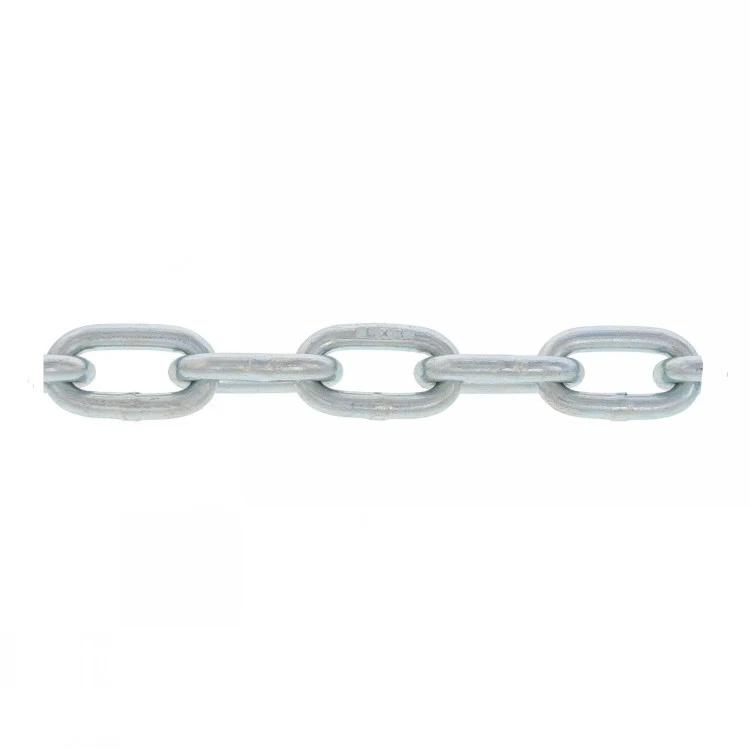 Galvanized steel chain with interlocking oval links stretched horizontally on a white background