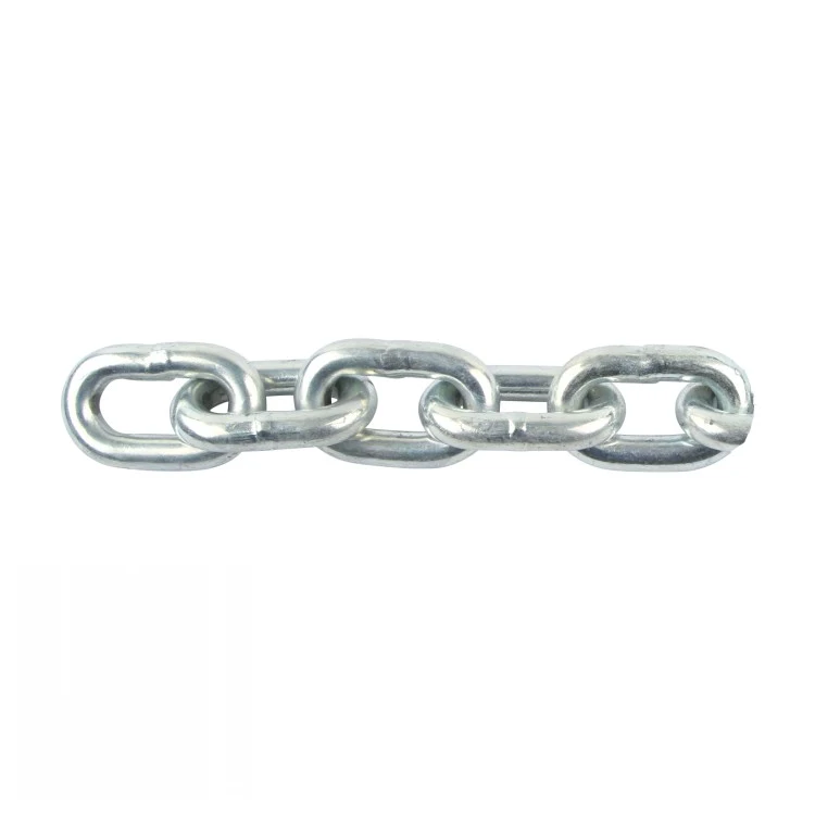 a short length of silver proof coil chain against a white background