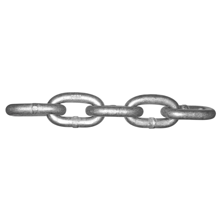 Segment of galvanized steel chain with interlocking oval links lying horizontally on a white background