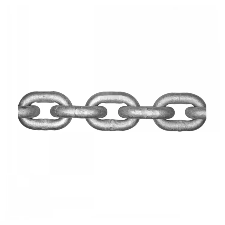 Horizontal segment of galvanized steel link chain on a plain white background