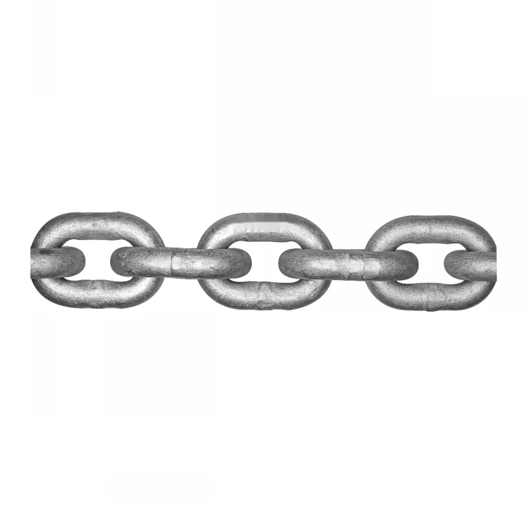Horizontal segment of galvanized steel chain with interlocking oval links on a plain white background