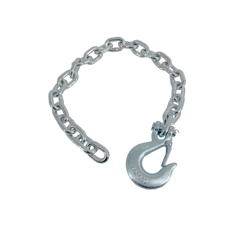 Galvanized steel chain with a swivel slip hook and latch on a white background