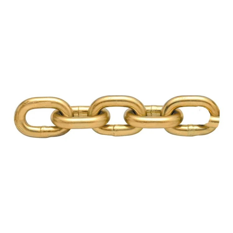 Short length of gold-colored metal chain with four interlocking links on a white background
