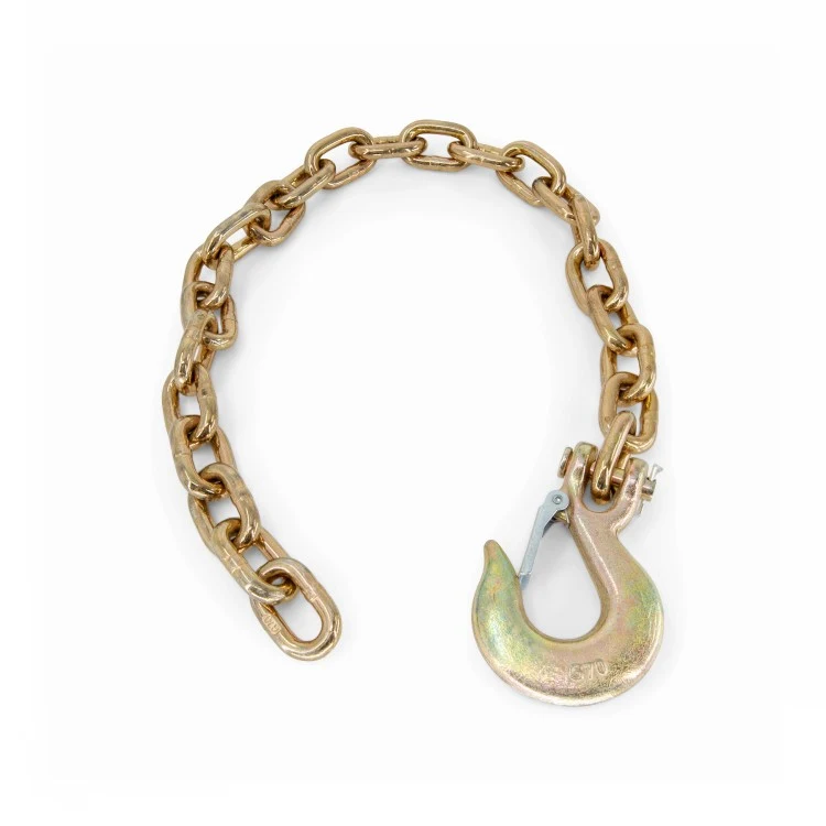 Gold zinc plated short transport chain with a clevis slip hook on a white background