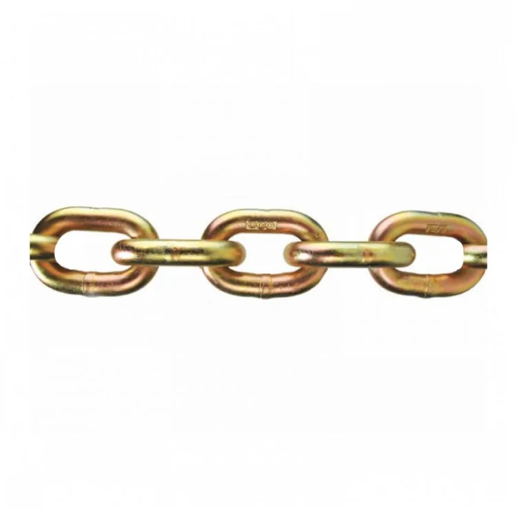 A horizontal section of gold zinc plated grade 70 transport chain with oval links on a white background