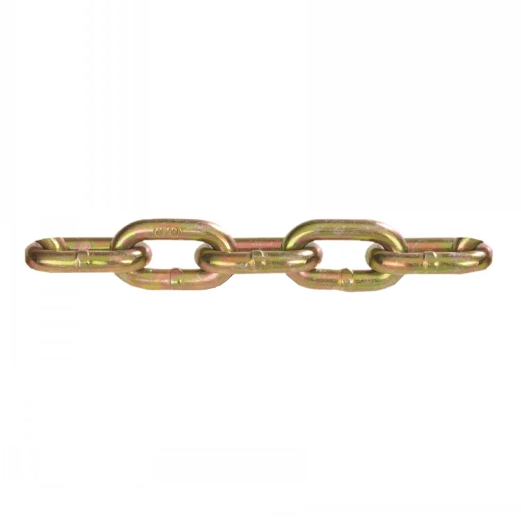 Short length of gold zinc-plated steel chain with oval links, centered on a white background