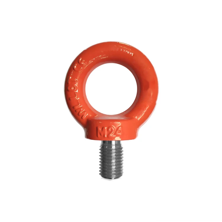Orange painted steel lifting eye bolt with M24 metric threaded shank on a white background