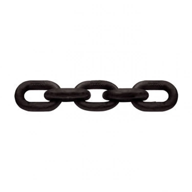 Short section of black steel chain with three interlocking links on a plain white background