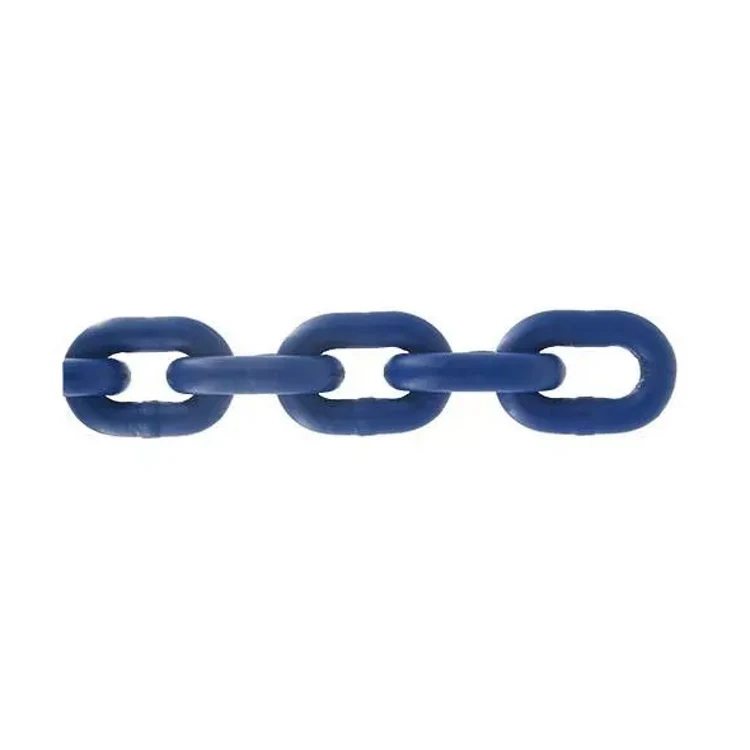 Horizontal segment of blue chain links shown against a plain white background