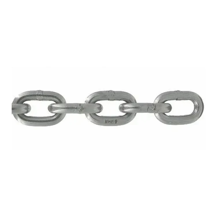 Segment of Grade 43 high test chain with ASTM 80 markings, silver finish, isolated on white background