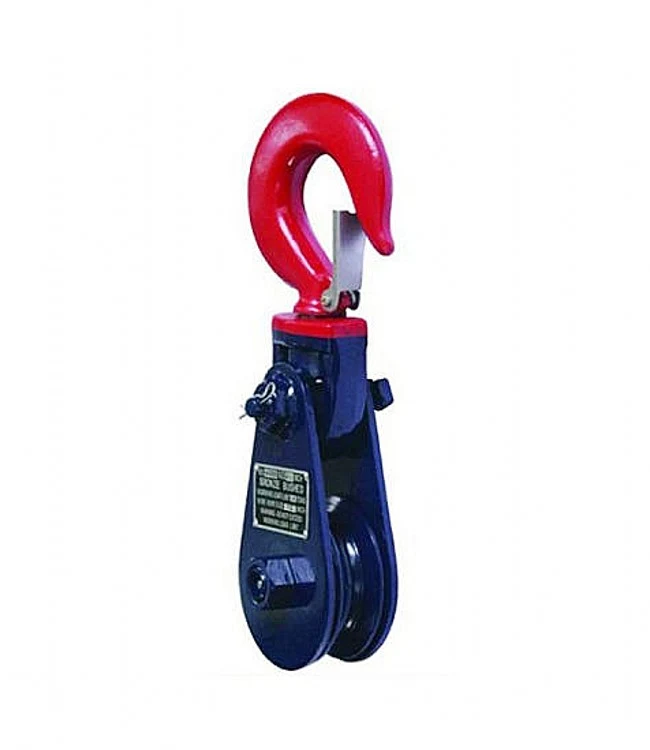 A blue snatch block with a red hook and a metal safety latch on a white background