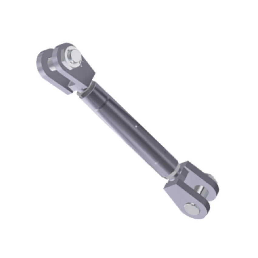 3D render of a metal rod with clevis fork ends and pins, isolated on white background