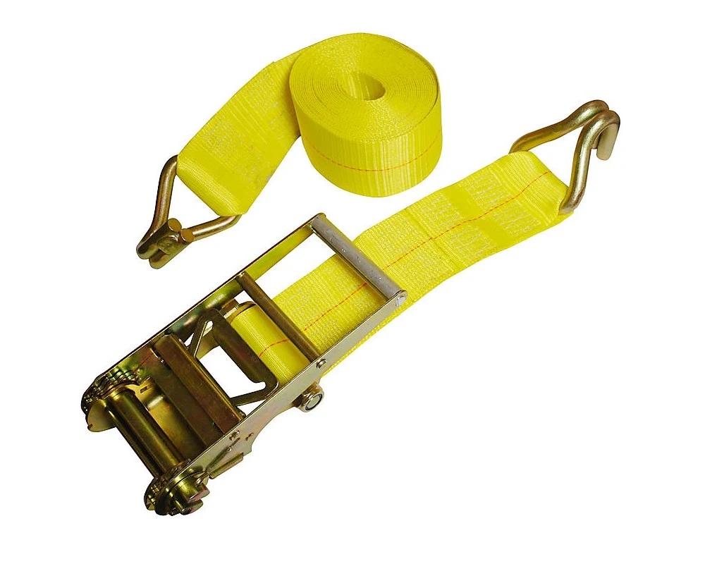 Yellow ratchet tie-down strap with metal ratchet buckle and wire J-hooks on a white background