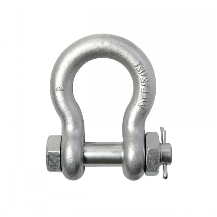 A galvanized steel bow shackle with a bolt, nut, and cotter pin closure