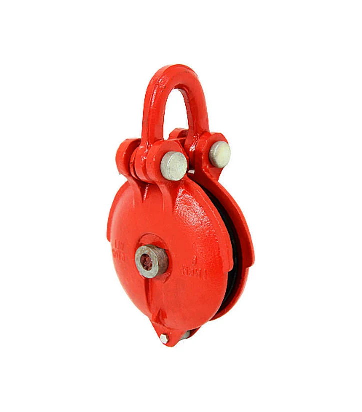 Red single-sheave wire rope pulley block with swivel eye top and central bolt on white background