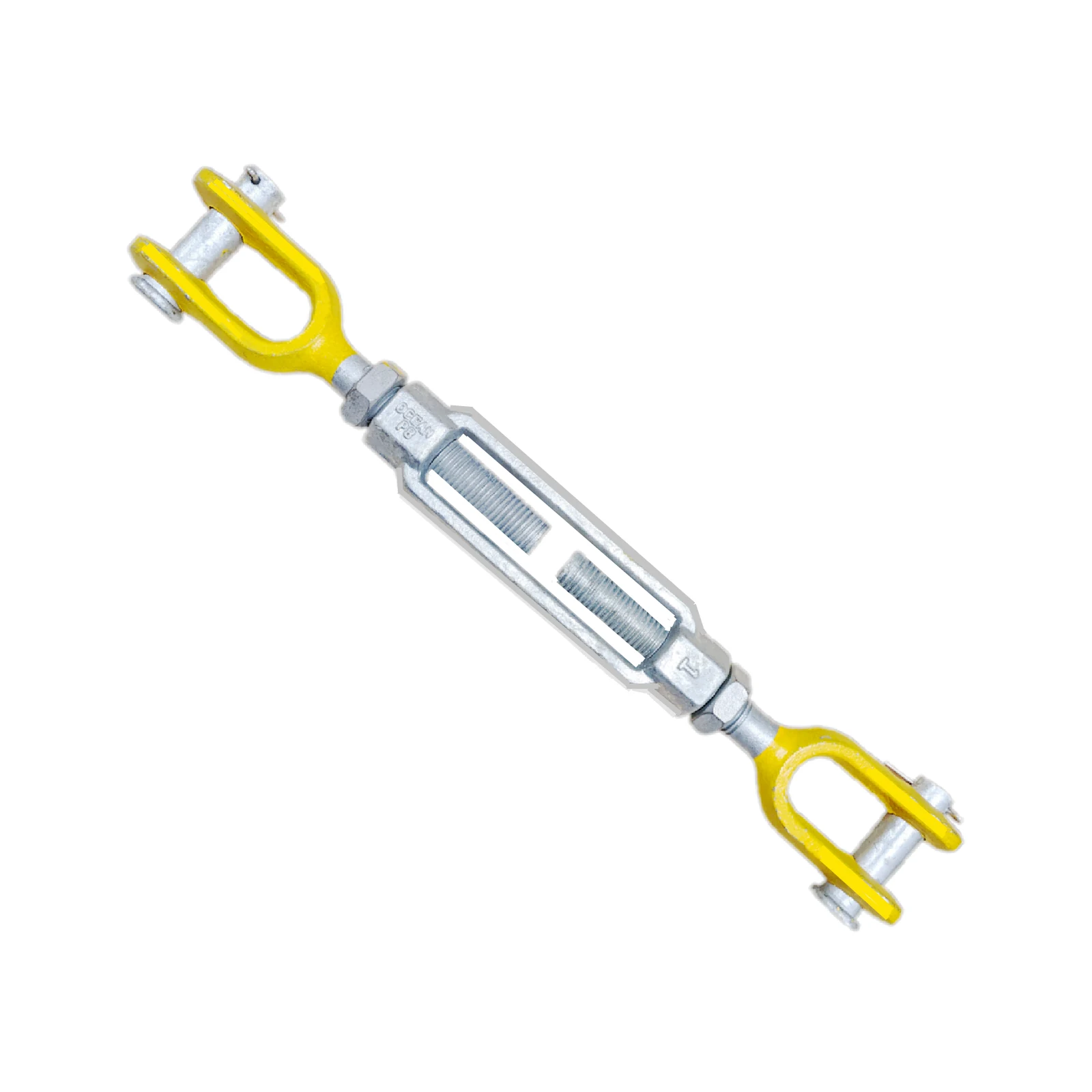 Heavy duty US type jaw to jaw turnbuckle with a galvanized body and yellow jaw ends