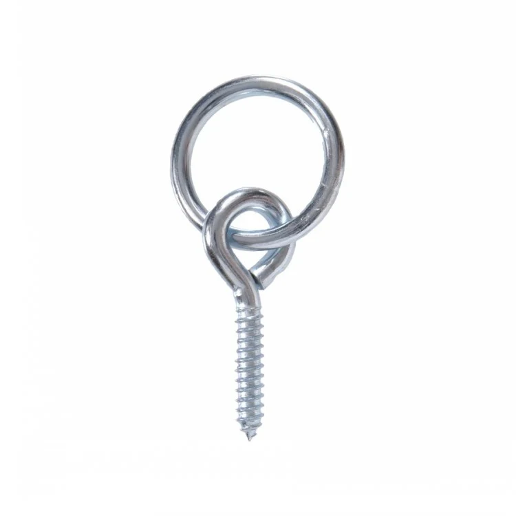 Silver metal screw eye with a circular ring and a threaded shaft
