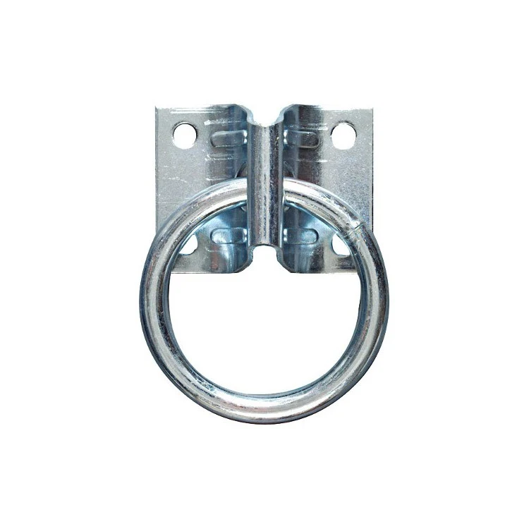 Zinc-plated steel tie-down ring attached to a rectangular mounting plate with screw holes, on white background