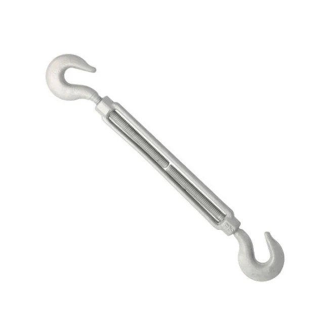 Galvanized hook-and-hook turnbuckle with open threaded body, isolated on a white background