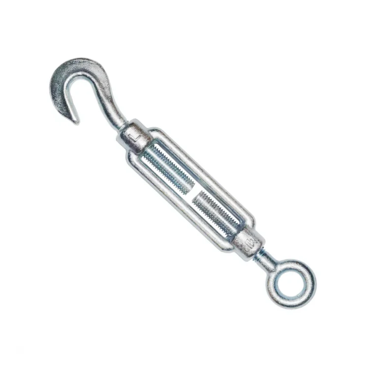 Galvanized steel hook and eye turnbuckle with open frame body, isolated on a white background