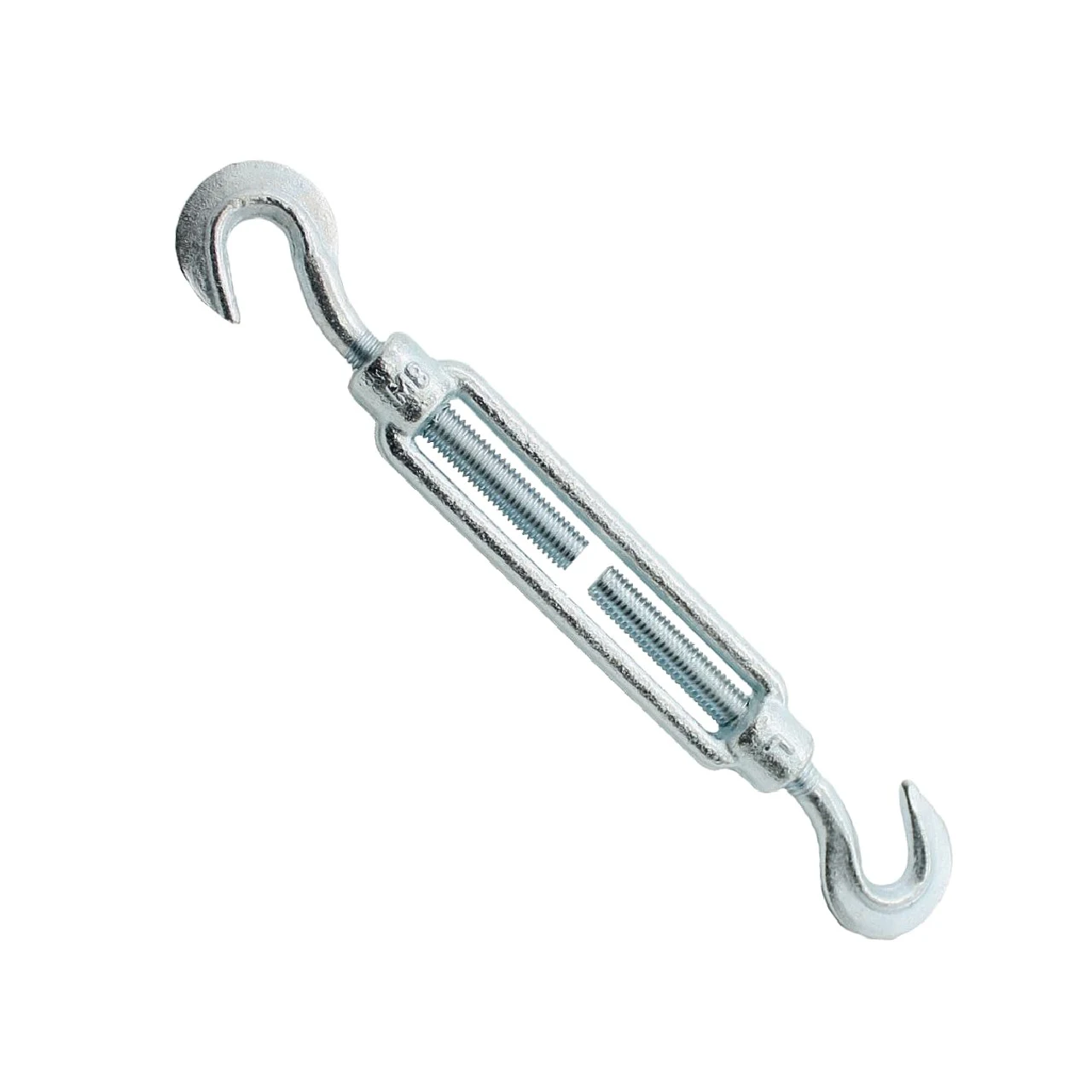 Galvanized steel hook-and-hook turnbuckle with open threaded body, photographed diagonally on a white background