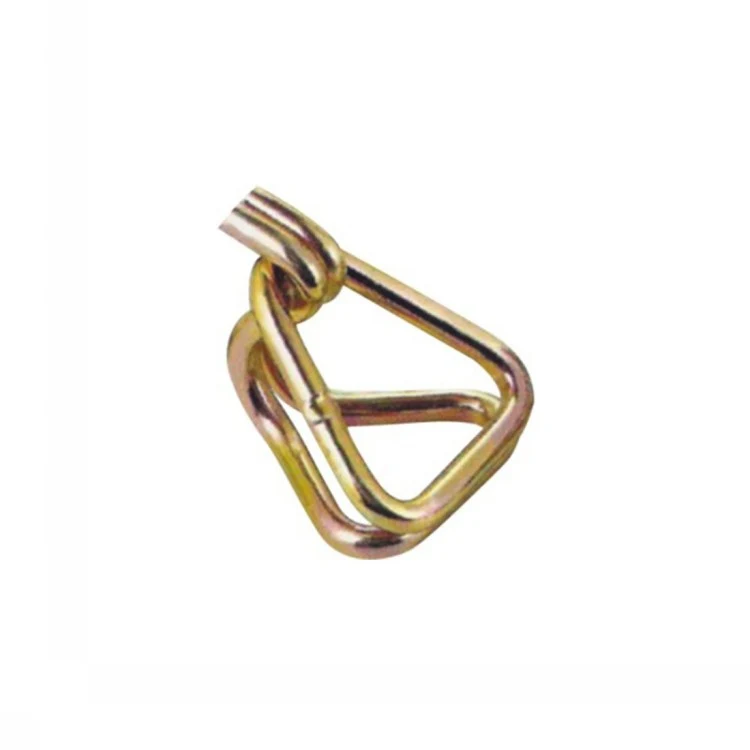 Yellow zinc-plated steel wire hook with triangular loop and bent eye on white background