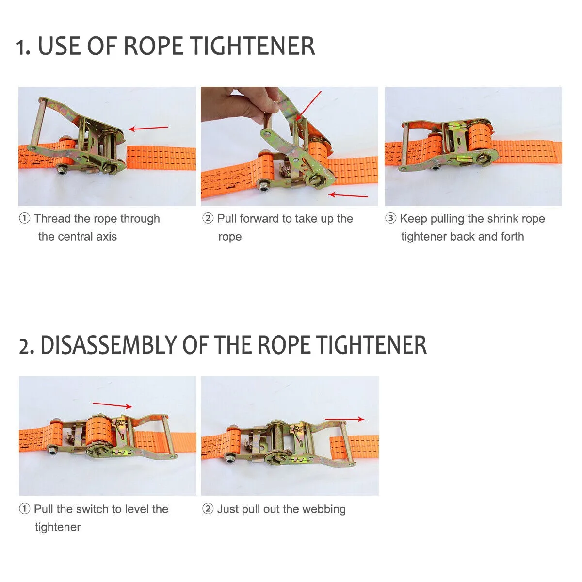 Instructional diagram with five photos showing steps to operate and disassemble a ratchet rope tightener on orange webbing