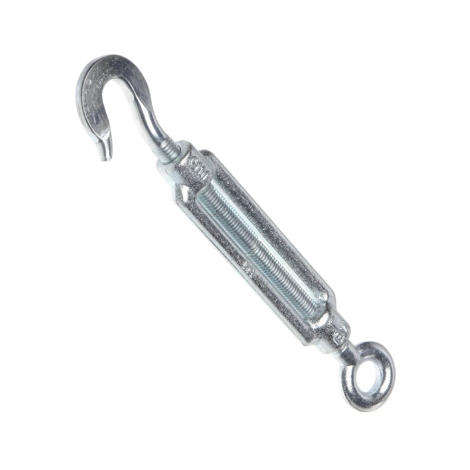 Galvanized steel turnbuckle with hook on one end and eye fitting on the other, on white background