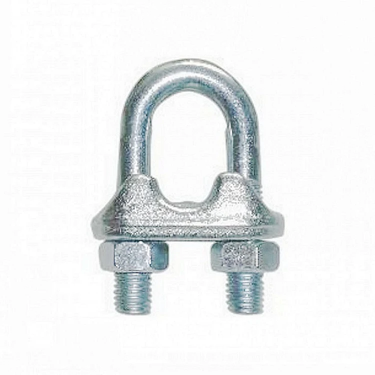 Galvanized wire rope clip with U-bolt, saddle, and two hex nuts on a white background