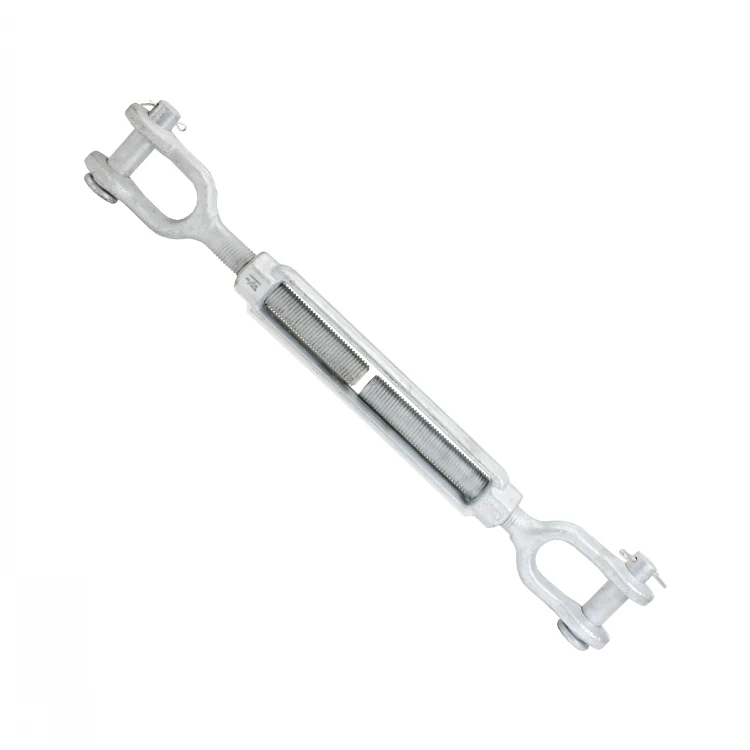 Galvanized steel turnbuckle with jaw end fittings and threaded rods, isolated on a white background