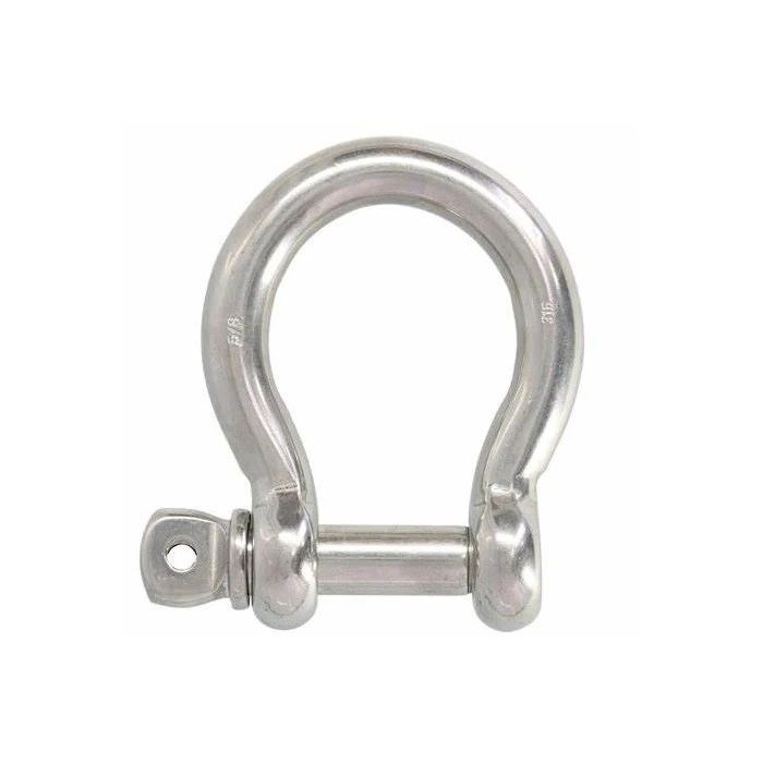 Polished stainless steel bow shackle with threaded pin and eye nut on a white background