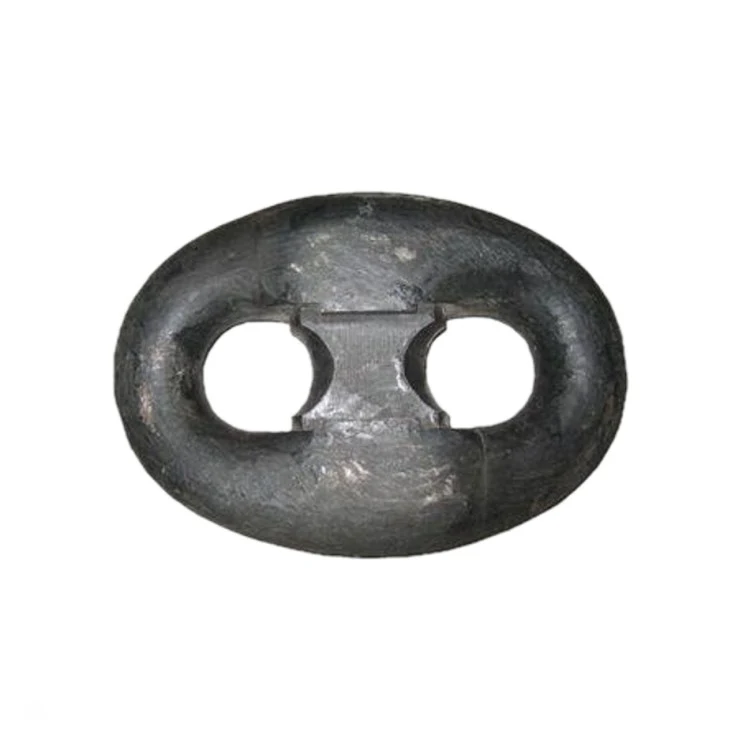 Forged steel oval anchor chain connecting link with twin circular openings, isolated on a white background