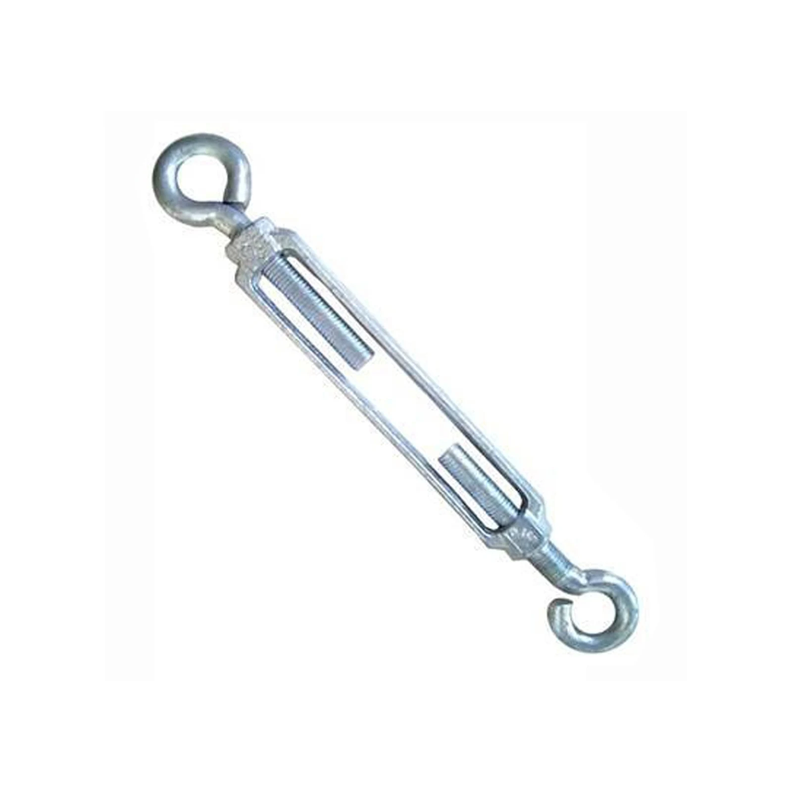 Galvanized steel turnbuckle with eye end and hook end, isolated diagonally on a plain white