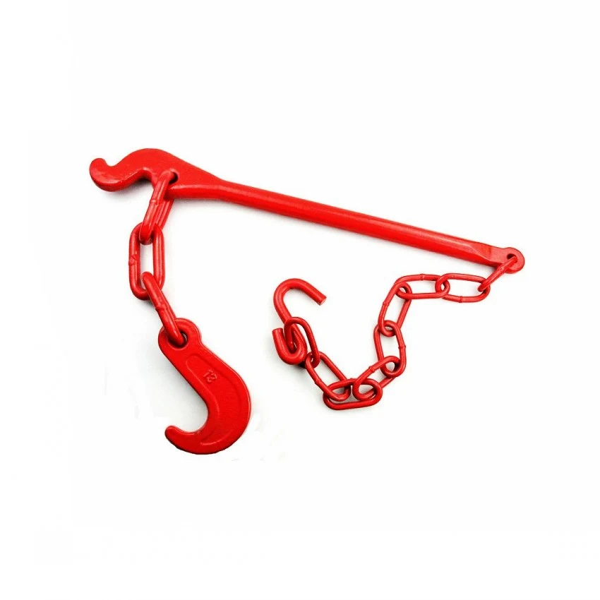 Red tension lever load binder with hooks and chain segments on a white background