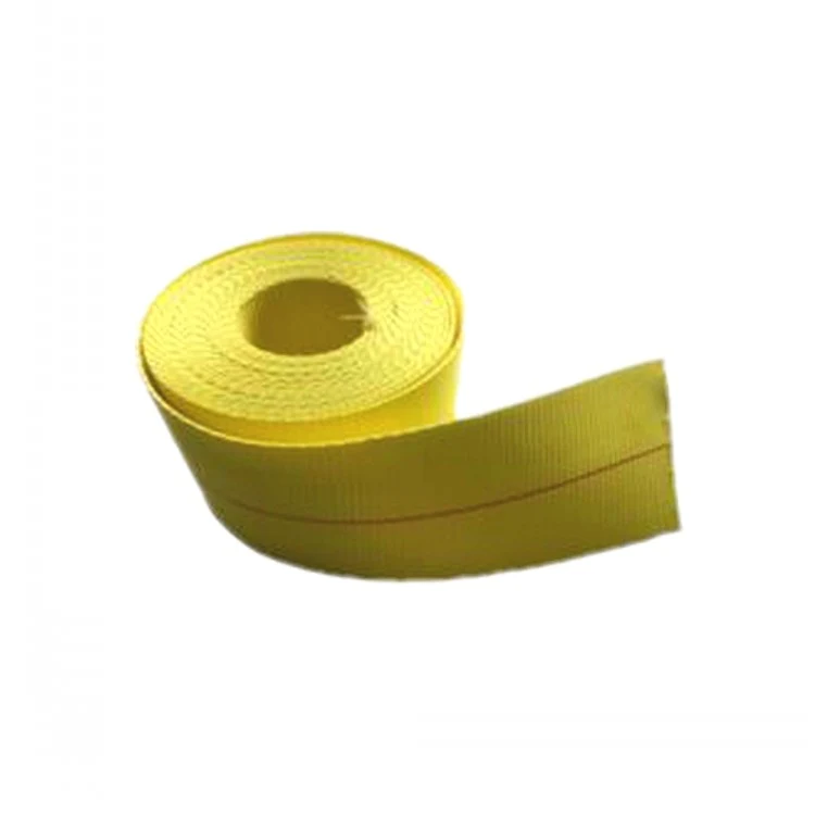 Coil of yellow lashing webbing with a red center line on a white background