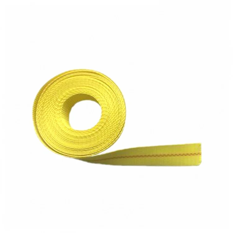 Coiled roll of yellow woven webbing strap with a length unrolled, on a plain white background