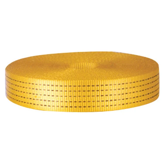 Coiled roll of yellow woven webbing strap with black guide lines on a plain white background