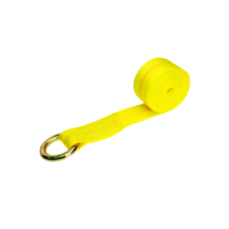 Coiled yellow webbing lifting sling with a steel O-ring end on a white background