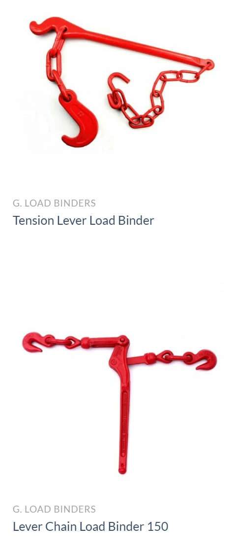 Two red lever chain load binders with hooks and links photographed against a white background