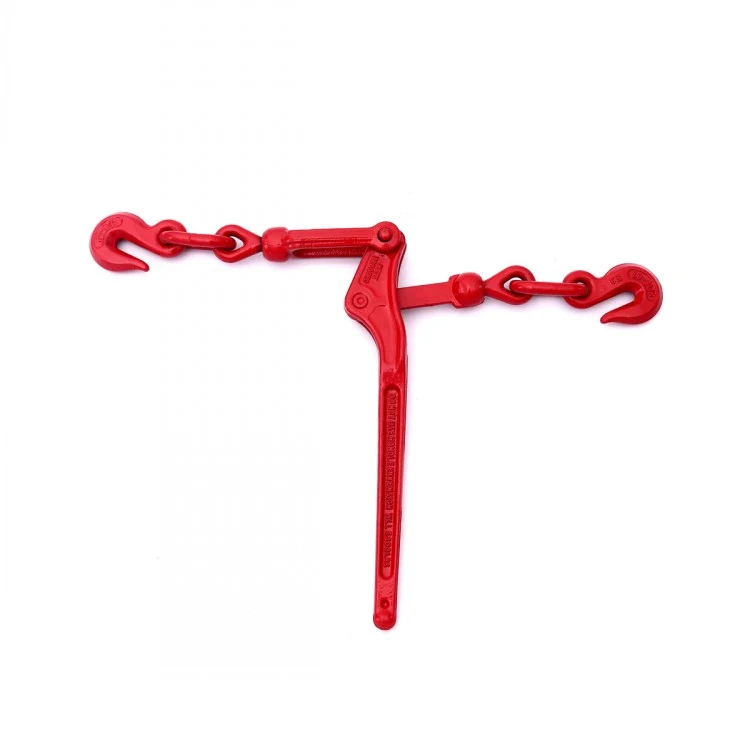 Red lever load binder with chain and grab hooks on white background