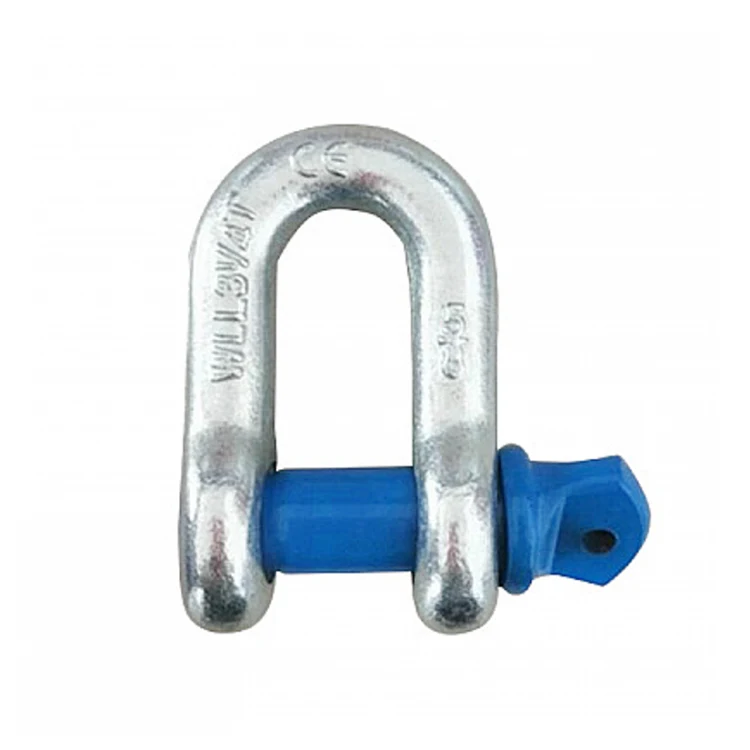 Galvanized steel bow shackle with a blue painted pin
