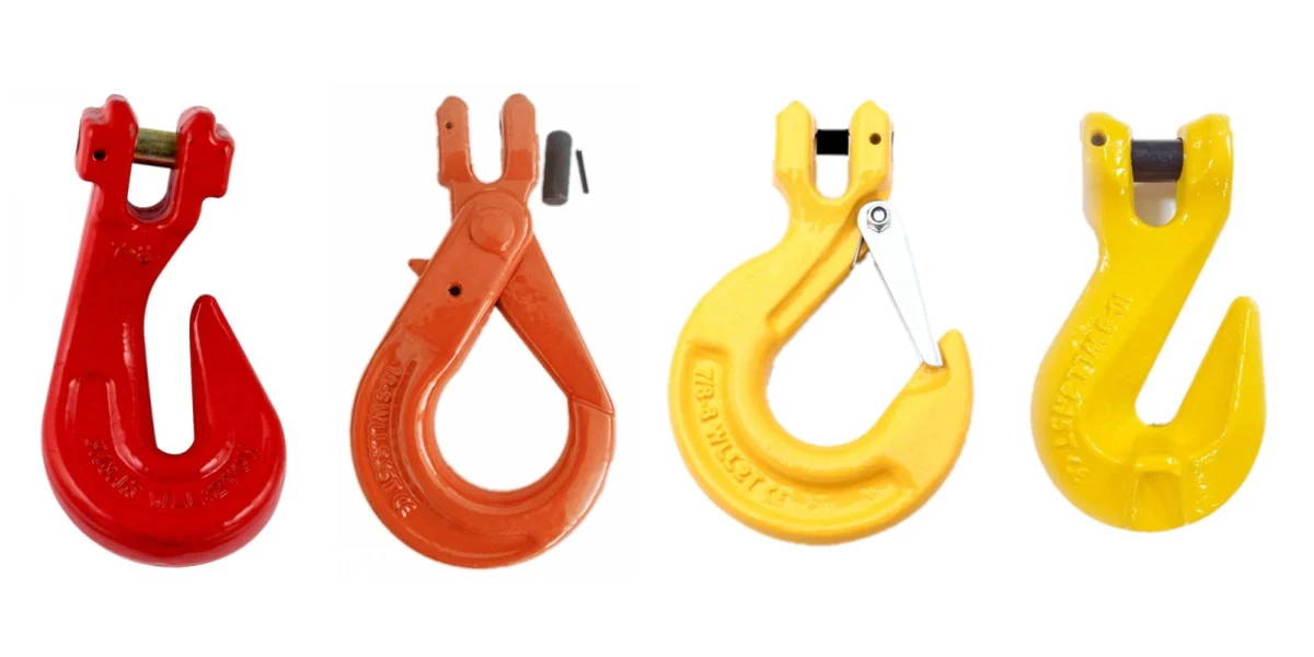Four painted steel lifting hooks in red, orange and yellow with latches, lined up on a white background